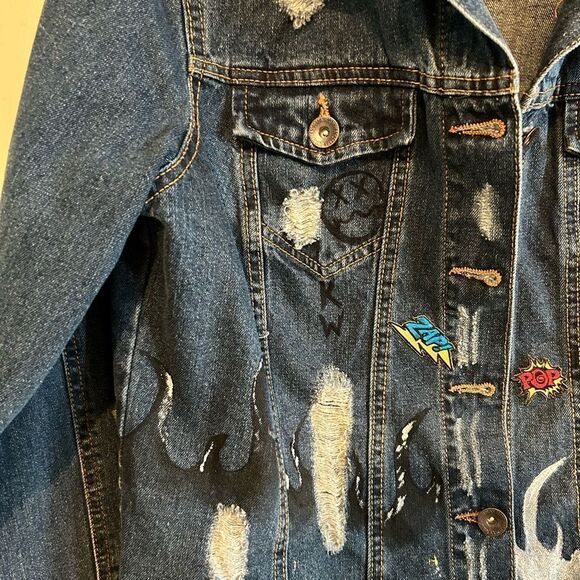 Highway Jeans Denim Jacket Cropped Distressed Customized 100% Cotton L - Picture 5 of 9